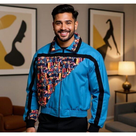 Vintage David James Native Mayan Aztec Colorblock Teal Bomber